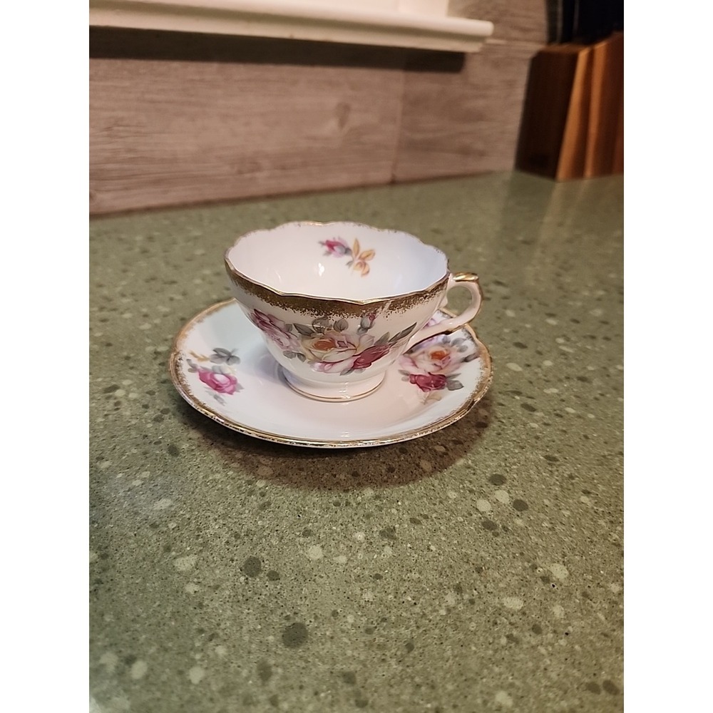 VTG Shafford Hand Painted Floral Gold Teacup & Saucer, Japan 1950s